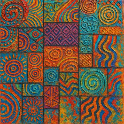 Vibrant and Intricate Mixed Media Artwork Featuring Abstract Patterns