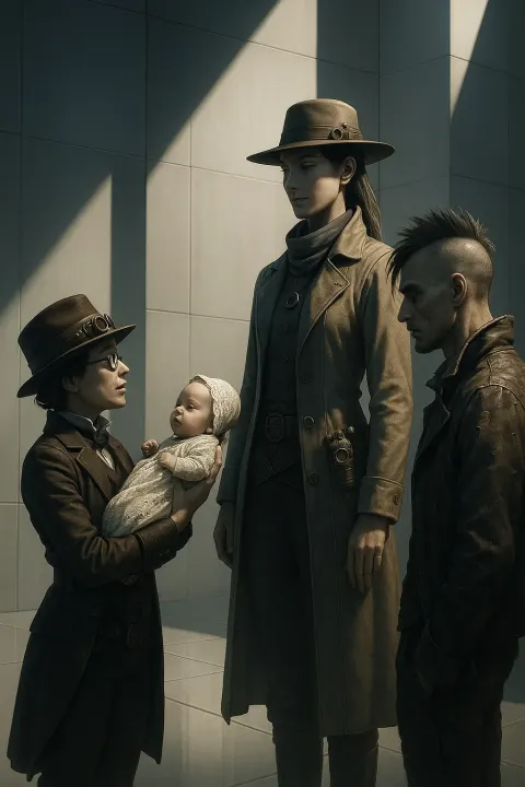 Petite Steampunk Leader in a Fedora Presents a Lace-clad Infant