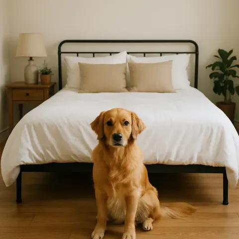Image Showing a Bed with a Dog Positioned