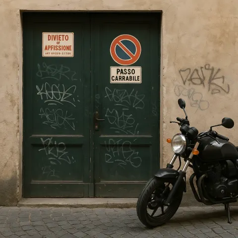 Dark Green Double Door with Signage and Graffiti Next