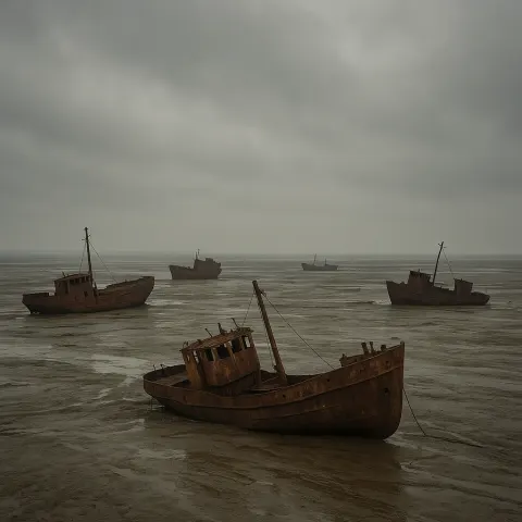 Several Derelict Ships Lie Scattered and Rusting on a Vast