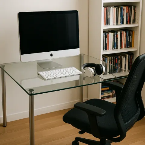 Neatly Organized Workspace Featuring a Glass Desk with an IMac