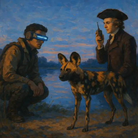 Explorer with a Cybernetic Visor and a Historical Figure