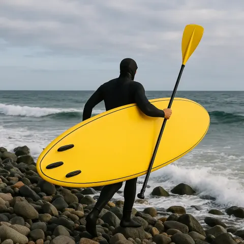 Person in a Wetsuit Carries a Bright Yellow Paddleboard