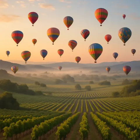 Fleet of Numerous Hot Air Balloons Drifts Serenely