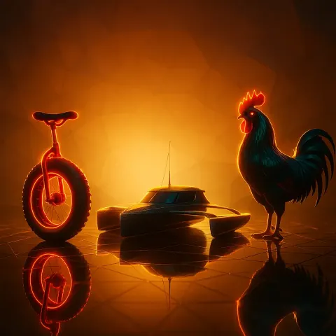 Trio of Subjects—a Glossy Red Unicycle Boasting a Fat Tire