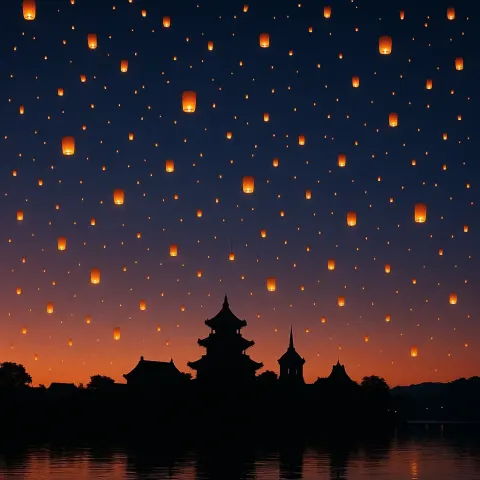 Myriad Distant Lanterns Float Serenely Upwards into a Twilight Sky