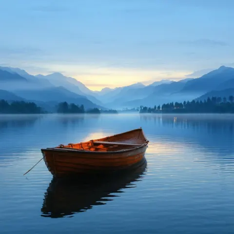 Lone Rowboat Drifts on a Twilight Mirror Lake