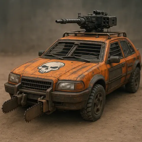 Orange Armored Car with Chainsaws Mounted on the Front
