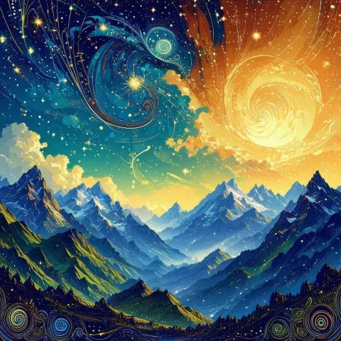 Paisley Patterned Heavens Over Majestic Starlit Mountains
