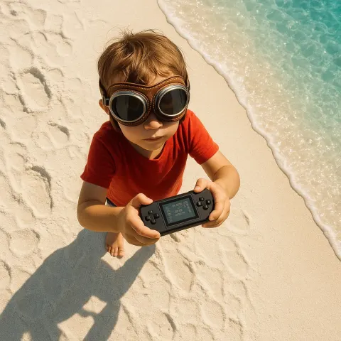 Child in Prominent Aviator Goggles Fiercely Plays a Game