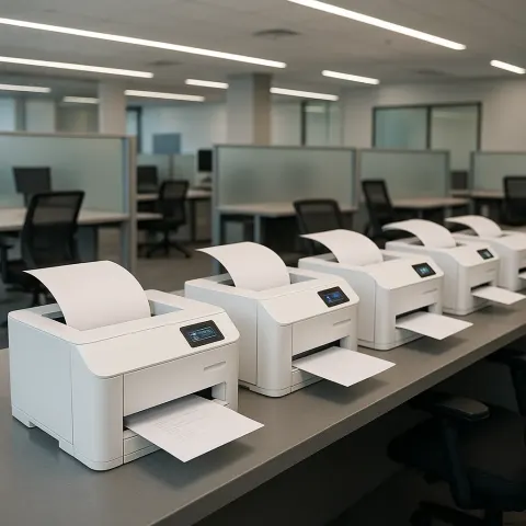 Row of Five Rectangular White Printers Sits Neatly Along