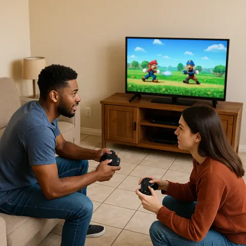 Two People Playing Video Games in a Living Room
