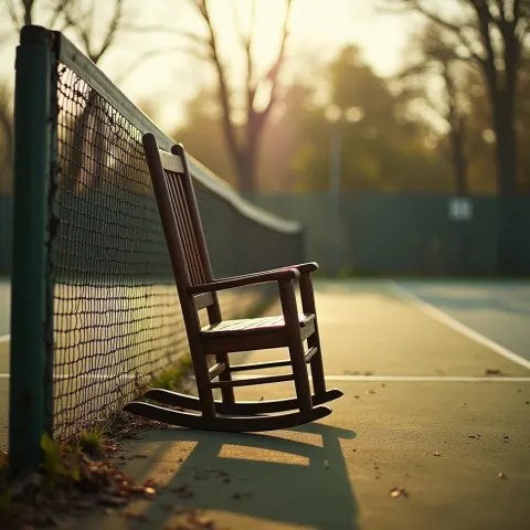 Vintage Rocking Chair Beside a Weathered Tennis Net