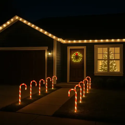House Decorated with Glowing Candy Canes