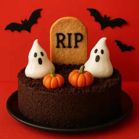 Halloween-themed Dessert with a Tombstone Marked "RIP," Ghost Decorations