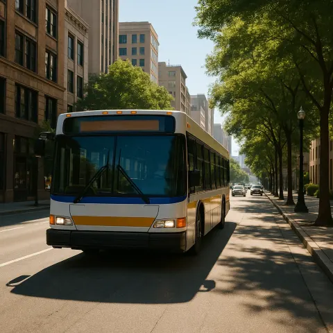 City Bus Drives Down a Sunlit Urban Street with Trees