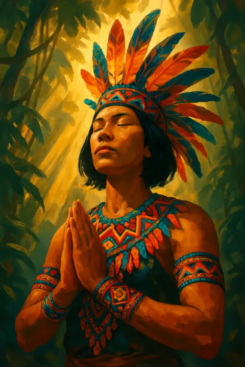 Person of Southeast Asian Descent Stands in Blissful Meditation