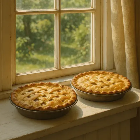 Lifelike Scene Showing Two Just-baked Pies Resting on a Windowsill
