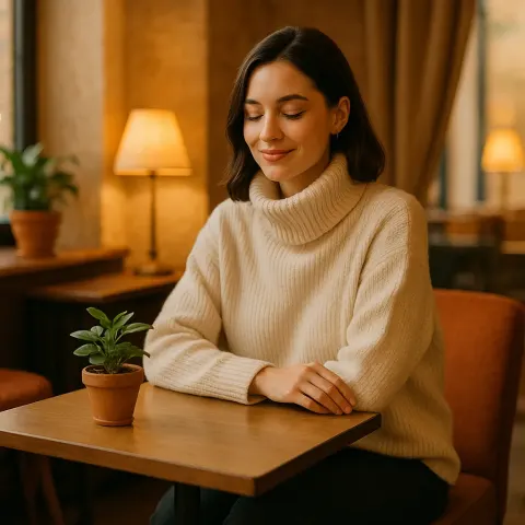 Stylishly Dressed Woman Wearing a Cozy Sweater Sits