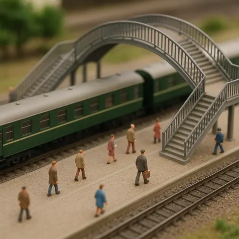 Miniature Train Station Scene Featuring Green Train Carriages