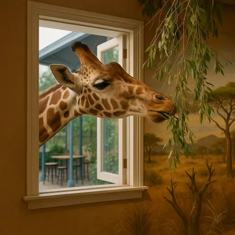Giraffe Reaching Through a Window to Nibble on Hanging Branches