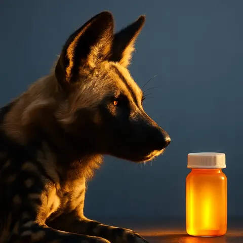 African Hunting Dog in Profile Intently Observes a Pill Bottle