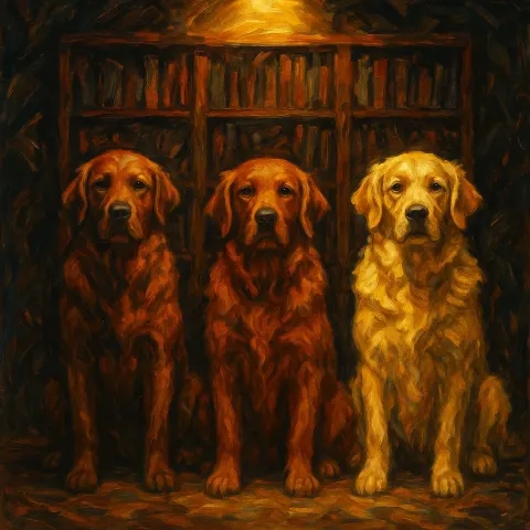 Three Diverse Golden Retrievers Sit Calmly under Intense