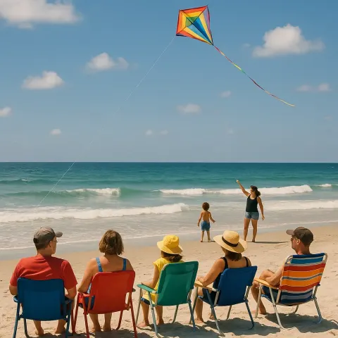 People Enjoying a Sunny Day at the Beach with Chairs