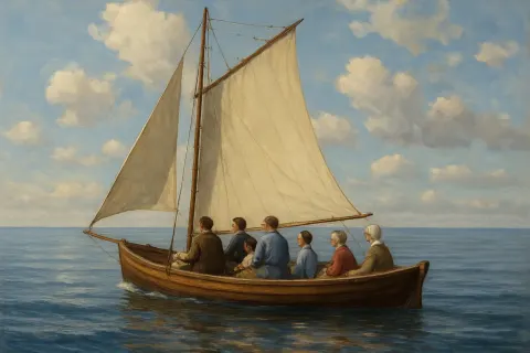 Group of People Sail on a Wooden Boat