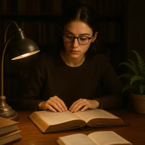 Diligent Young Woman Wearing Oval-shaped Glasses Is Deeply