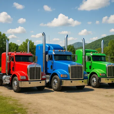 Three Vibrant Semi-trucks Positioned Next to One