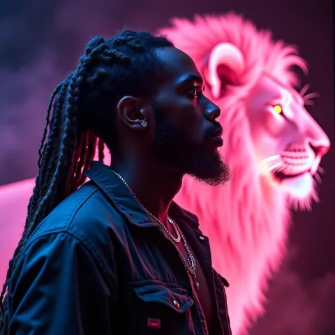 Dreadlocked Cyber Prophet and His Glowing Neon Lion