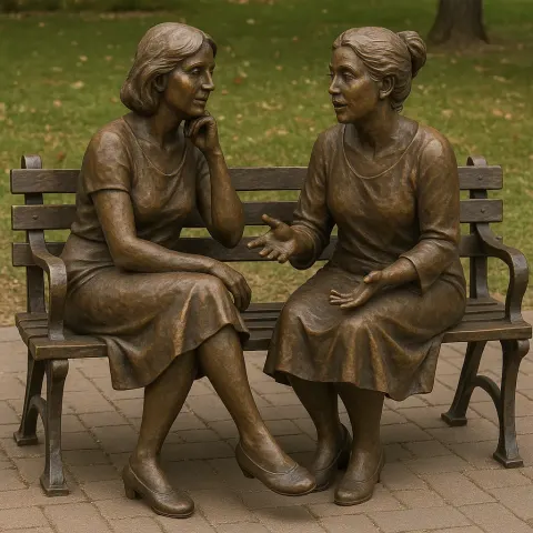 Bronze Artwork Depicting Two Women Sitting on a Park Bench