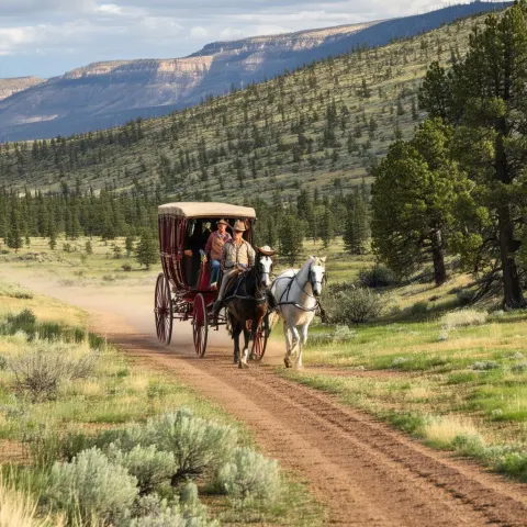 Determined Travelers Ride a Stagecoach Through Old West