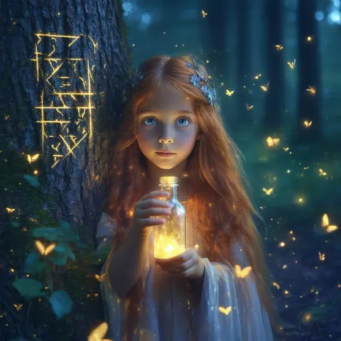 Ginger Haired Girl With Glowing Vial Among Fireflies