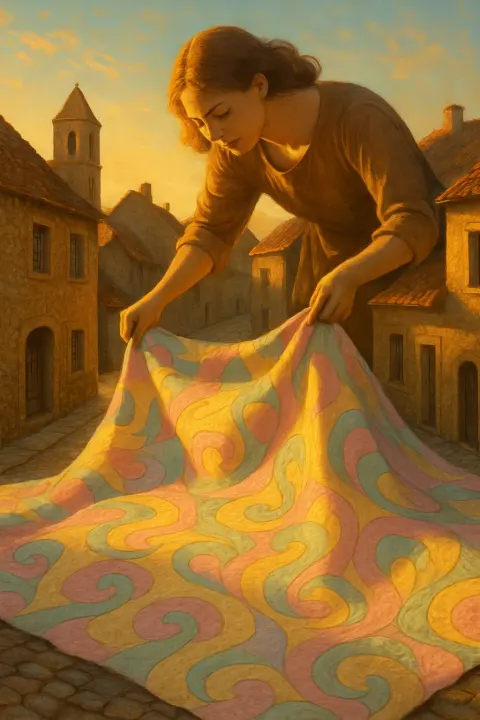 Giant Figure Unfurls a Pastel Quilt with Swirling Organic Patterns