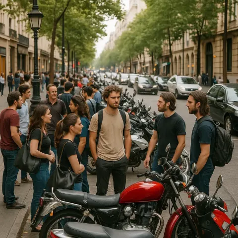 People Are Gathered on a Bustling Sidewalk Next to Motorcycles