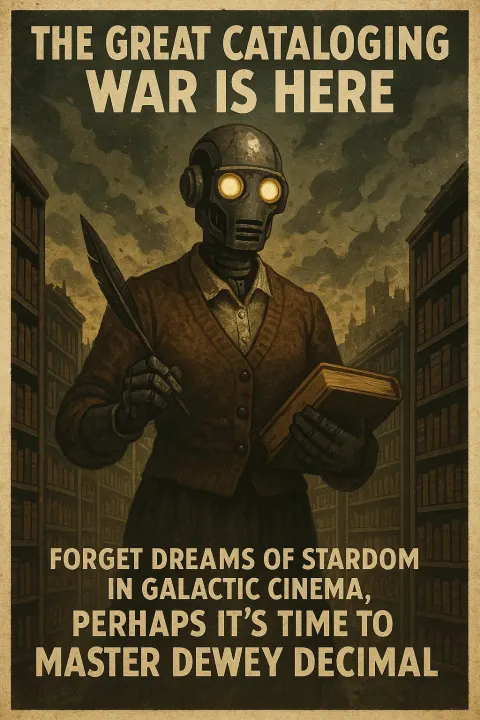 Retro-futuristic Poster Featuring a Humanoid Robot with Illuminated Eyes