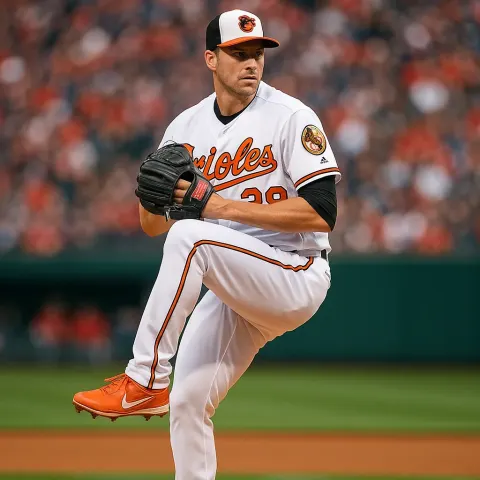 Baseball Player in a Baltimore Orioles Uniform Prepares to Pitch