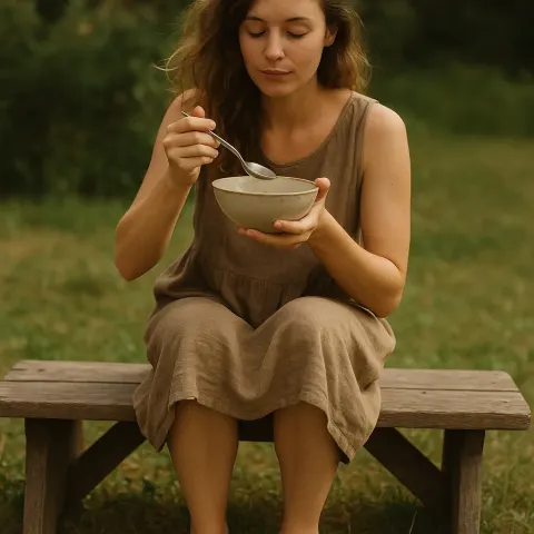 Woman Without Shoes Seated on a Wooden Bench Outside