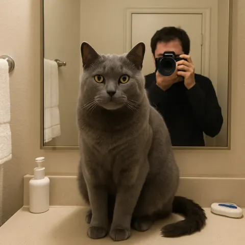 Gray Cat Sits on a Bathroom Counter in Front