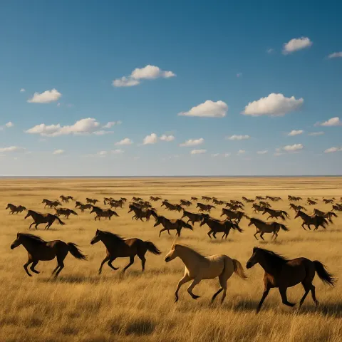 Many Distant Wild Horses Gallop Across an Expansive