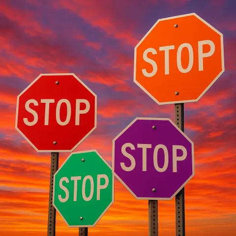 Four Vividly Colored Stop Signs Positioned at Varying Angles