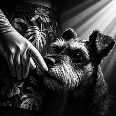 Satin-gloved Fingers Gently Stroke an Inquisitive Miniature Schnauzer's Nose