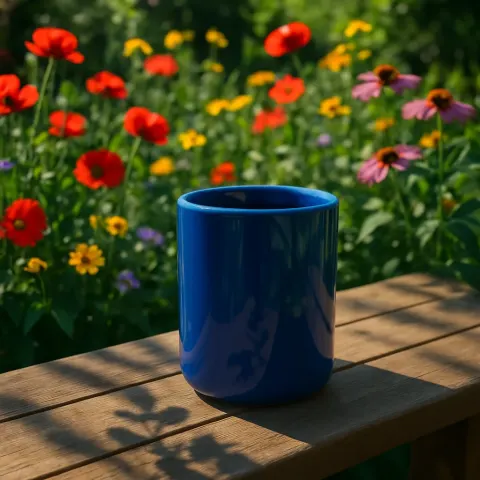 Shiny Blue Cylindrical Cup Rests Peacefully on a Wooden Bench