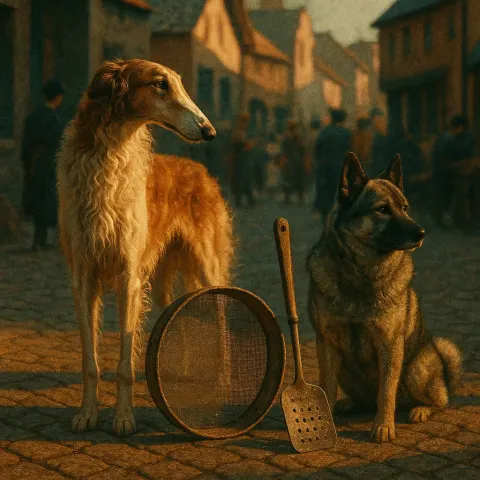 Borzoi and Norwegian Elkhound Pause by a Screen and Spatula
