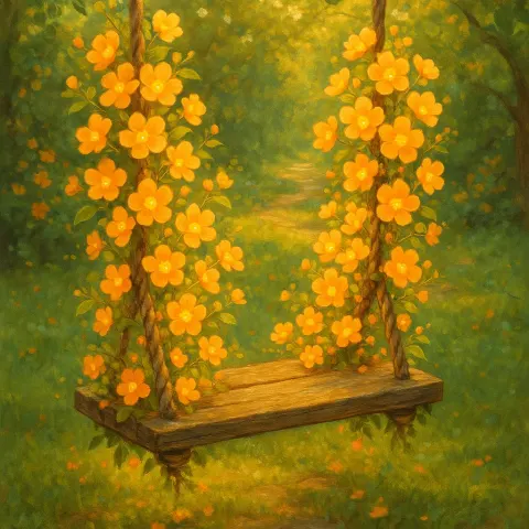 Aged Wooden Swing Started Sprouting Flowers