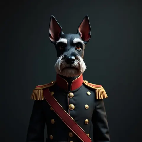Stoic Miniature Schnauzer in Military Uniform