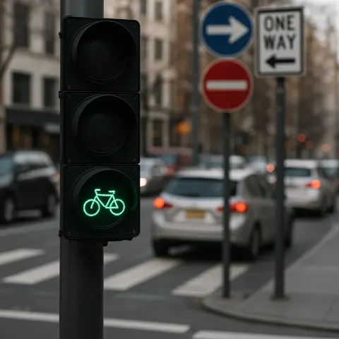 Traffic Light with a Green Bicycle Signal at an Urban